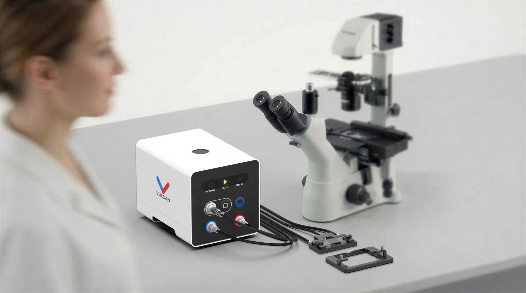 Vulcan control unit in a laboratory setting with microscope